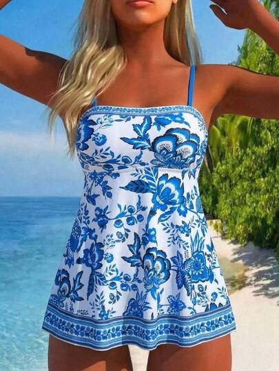 Swim Lushoire Women's Vacation Party Beach Blue & White Floral Print Spaghetti Strap Round Cup One-Piece Swimsuit