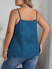 SHEIN CURVE+ 大码女式花卉蕾丝宽松优雅吊带背心，适合假日、秋季、冬季穿着，尺码齐全，适合曲线身材，夏季上衣 - 水鴨藍 - 查看 2
