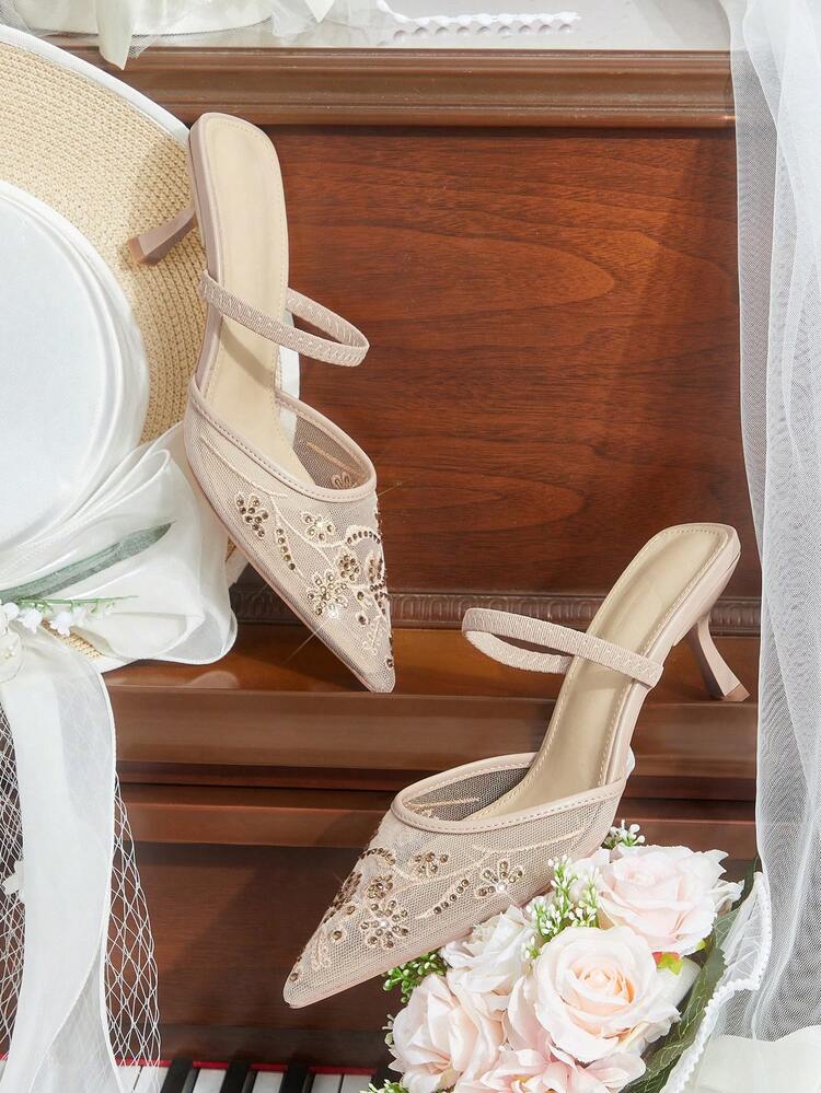 CUCCOO HITCHD Women's Shoes Pointed Mesh Apricot Flower Pattern Rhinestone Decoration Fashionable Wear Stiletto High Heel Sandals
