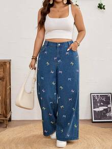 SHEIN CURVE+ Plus Size Women Bow Decor Pocket Wide Leg Loose Casual Jeans Summer Outfits For Women Festival Outfits For Women Mothers Day Outfit Holiday Outfits For Women Casual Jeans For Women Work Outfits For Women - Dark Wash - View 5
