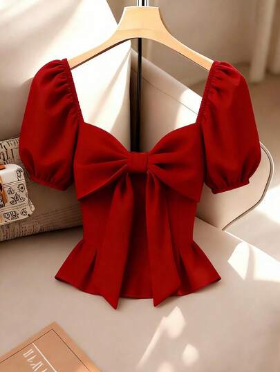 SHEIN Tall Women's Solid Color Pleated Bow Casual Versatile Daily Wear Shirt