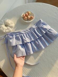 Comfortcana 女士格子百褶休闲百搭日常迷你裙 - 藍色 - 查看 2