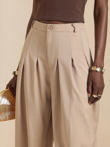 Vesra Khaki Pleated Floral Casual Women's Cropped Pants - Khaki - View 4