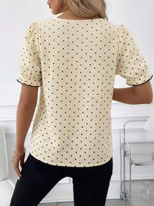 SHEIN Clasi Plus Size Women's Polka Dot Pattern Ruffle Front Tie Short Puff Sleeve Blouse - Yellow - View 2