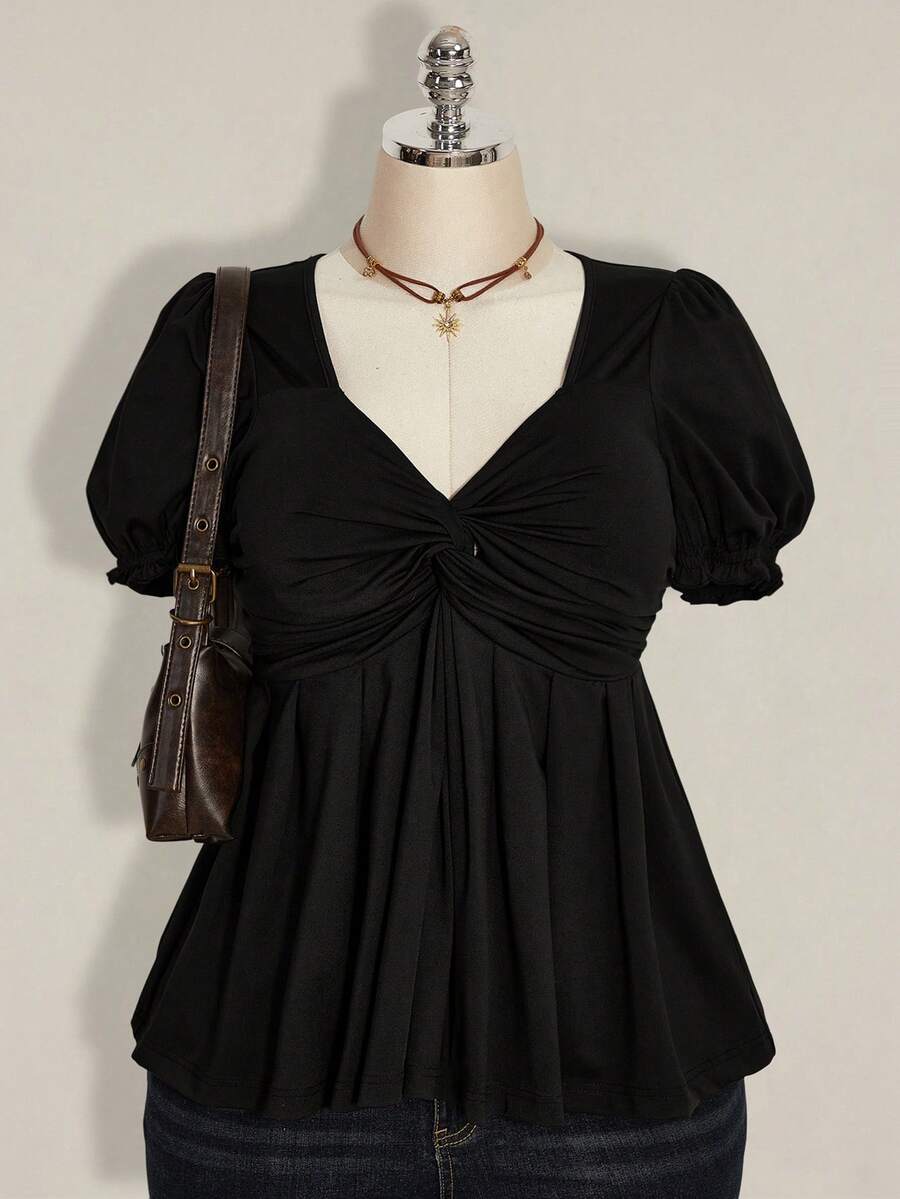 SHEIN ICON 大码女式纯色扭花袖T恤 - 黑色 - 查看 1