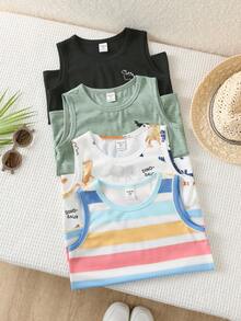 SHEIN Mua 3 tặng 1, bộ 4 áo tank top thoải mái, đa năng, họa tiết khủng long dễ thương và sọc màu sắc cho bé trai và bé gái, phù hợp cho mùa xuân/hè, mặc hàng ngày, thể thao, dã ngoại, đi học, dự tiệc, kỳ nghỉ, chụp ảnh, mùa tựu trường. - Nhiều màu - Xem 4