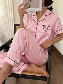 SHEIN 2pcs Girls Casual Striped Jacquard Heart Embroidery Comfortable Short Sleeve Cardigan And Pants Homewear Set - Multicolor - View 4