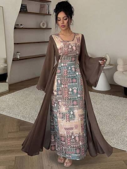 Rafferiza Women's Arabic Style Maxi Dress, Women's Print Chiffon Patchwork Geometric Pattern Vacation Dress, Fitted Mandarin Collar 2 In 1 Tie Waist Bow Back Slit A-Line Bell Sleeve Elegant Casual Commuter Vintage Modest Maxi Dress, Spring/Summer/Autumn Vintage Dresses For Woman Luxury Dresses For Women Latest Dress Style For Women Bohemian Outfit For Women Dress Boho Long Dresses With Sleeves