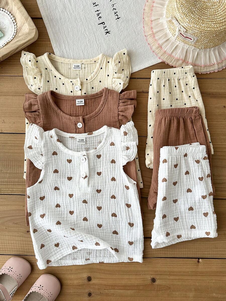 SHEIN 女婴6件套/3套。3个月-3岁夏季休闲简约风外出服，爱心印花和波点印花上衣和短裤。 - 彩色 - 查看 1