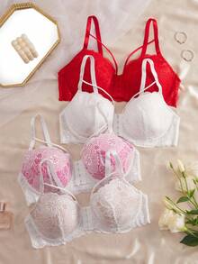 4pcs Plus Size Lace Front Closure Underwire Bra Set - Multicolor - View 1