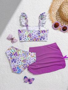 SHEIN Vintaside Kids 少女碎花比基尼套装，三件套泳衣，配有可调节肩带上衣、三角泳裤和雪纺裙，适合夏季度假、海滩、游泳池、假日派对等场合。 - 紫色 - 查看 2