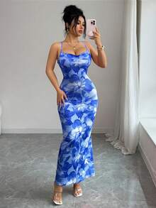 Nuevo Llegado Primavera/Verano Elegante Encantador Sexy Vestido Ajustado con Estampado Floral Rosa Pálido de Cuello Halter y Espalda Descubierta, Adecuado para Vacaciones y Playa - Azul - Ver 2