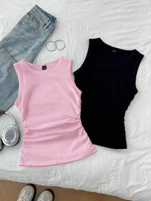 Tseoso 2pcs/Set Women's Black & Pink Round Neck Tight Fit Camisole,Summer Top - Multicolor - View 8