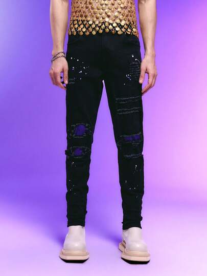 DSELFIQUE 男式口袋破洞紧身休闲牛仔裤