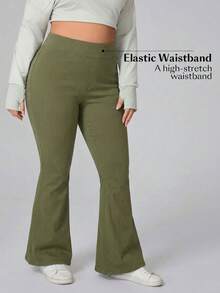 Flexra Plus Size Women's Solid Color Pocket Elastic Waist Casual Flare Jeans, Minimalist Everyday Wear - Green - View 4