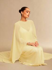 雪纺披肩和缎面优雅连衣裙 - 淡黃色 - 查看 3