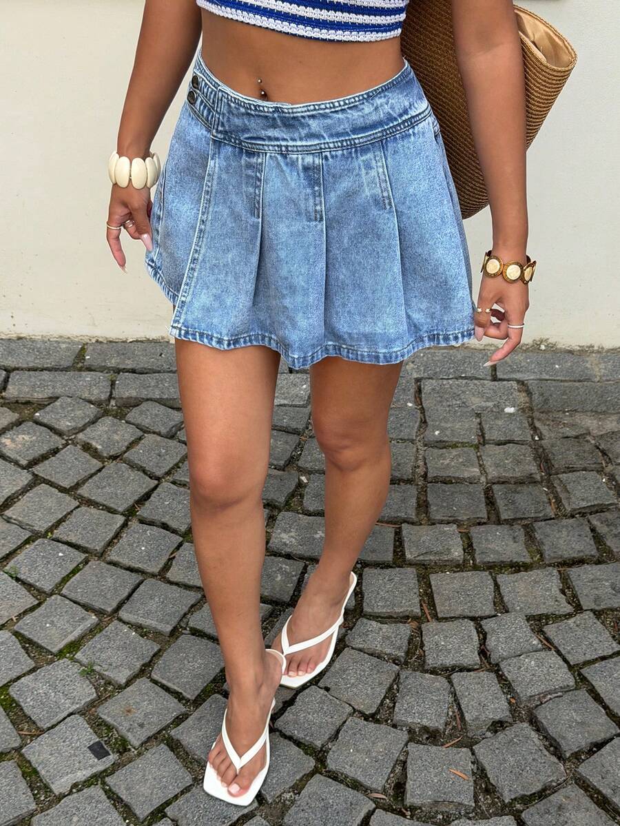 Sunnyshic Váy quần short denim xếp ly thời trang thường ngày cho kỳ nghỉ, chất liệu denim mài. - Rửa nhẹ - Xem 1