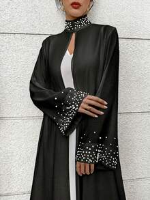 Yasmyna Women's Long Sleeve Elegant Arabic Abaya Dress With Faux Pearl Decor - Black - View 3
