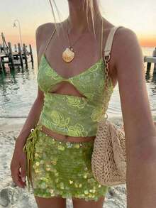 Aloruh Women's Sexy Backless Sequin Strap Camisole For Resort Wear, Spring/Summer - Green - View 8