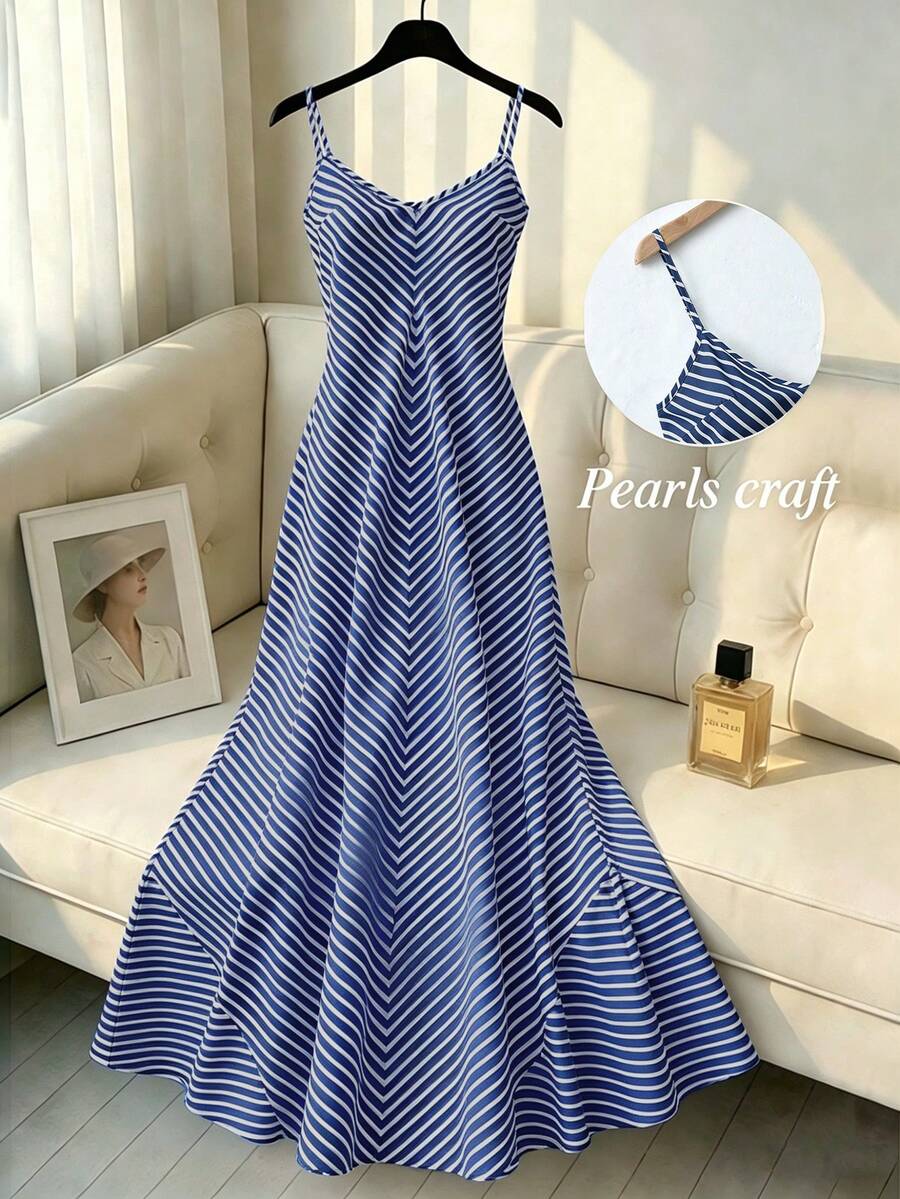 Franclia Vestido de tirantes con cuello en V y rayas para mujer - Azul Marino - Ver 1