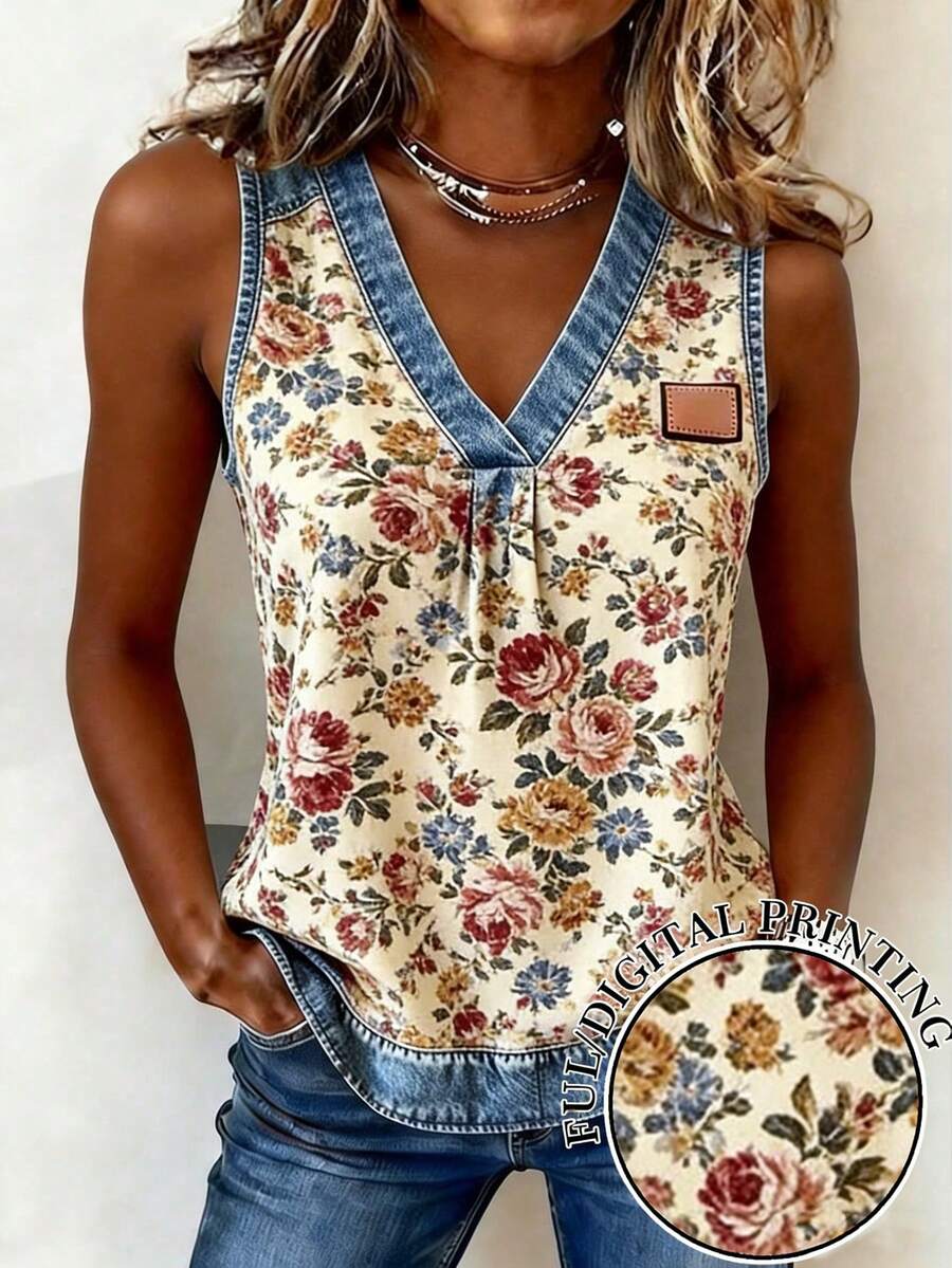 EMERY ROSE 女士休闲印花V领无袖上衣，夏季 - 杏色 - 查看 1