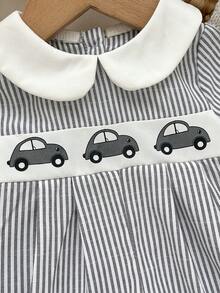 Baju Terusan Bayi Motif Mobil Kartun dengan Kerah dan Celana Pendek untuk Anak Laki-laki, Perempuan, dan Laki-laki (Unisex) dengan Motif Mobil dan Garis-garis. - Hijau - View 5