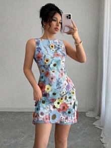 Rafferiza 女士圆领无袖优雅碎花修身迷你连衣裙 - 藍色 - 查看 3