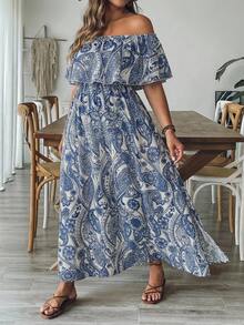 SHEIN LUNE Gaun Maxi A-Line Ruffle Bahu Terbuka Wanita Ukuran Plus, Putih, Musim Panas, Boho, Pesta Lajang, Pesta Teh, Liburan Motif Biru Belahan Samping Liburan Tropis - MultiWarna - View 1