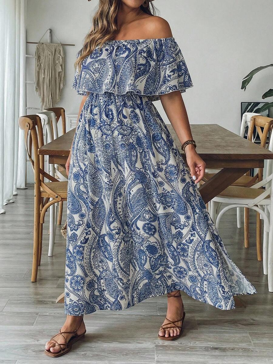 SHEIN LUNE Gaun Maxi A-Line Ruffle Bahu Terbuka Wanita Ukuran Plus, Putih, Musim Panas, Boho, Pesta Lajang, Pesta Teh, Liburan Motif Biru Belahan Samping Liburan Tropis - MultiWarna - View 1