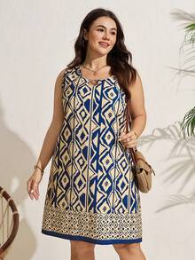 SHEIN LUNE Vestido informal sin mangas con estampado geométrico para mujer de talla grande - Multicolor - Ver 5