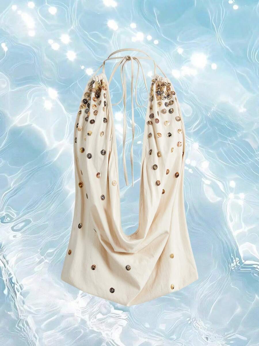 ROMWE Grunge Punk Y2K Sexy Deep V-Neck Halter Backless Embroidered Button Women Tank Top - Apricot - View 1