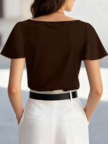 Balvessa 纯色垂褶不对称袖优雅短袖T恤，夏季 - 咖啡棕 - 查看 2