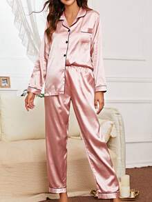 LuxeNights Contrast Piping Satin Pajama Set, Fall Winter Clothes Cozy And Elegant Details - Dusty Pink - View 6