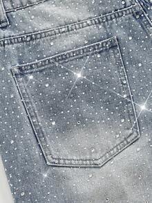 ROMWE MEN Street Life Celana Pendek Denim Longgar Pria dengan Hiasan Mutiara dan Berlian - Baby Blue - View 5