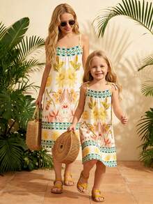 Young Girl Tropical Plant Print Casual Slip Dress - White - View 3