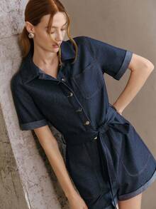 Anewsta Women's Elegant Navy Blue Summer Casual Jumpsuit, Short Sleeve Shirt Collar, Metal Buckle, Adjustable Cinched Waist, Dual Pockets, Mother's Day Vacation Wear - Navy Blue - View 7
