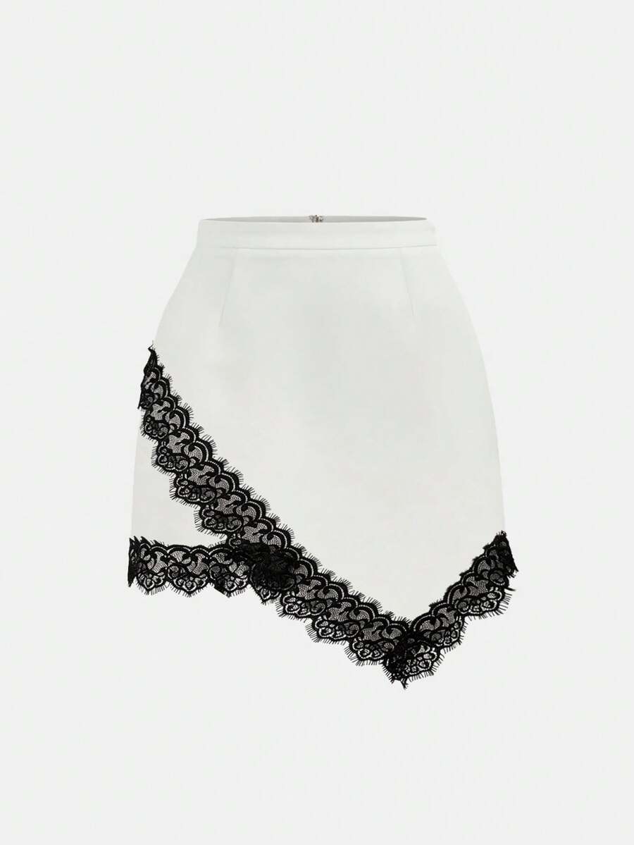 GlowEve Chân váy nữ mùa xuân/hè mới, thanh lịch, sang trọng, phối ren. - trắng - Xem 1