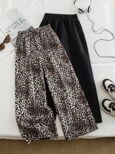 SHEIN Genkimix Kids 2pcs/Set Girls' Casual Leopard Print Bow Decor Loose Wide Leg Pants, Black & Leopard Print Combination, Basic Summer Outfit