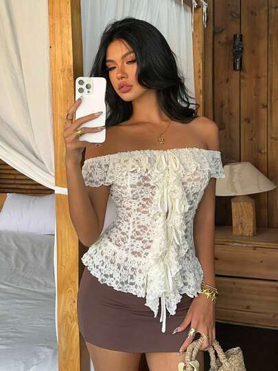 Aloruh Elegant One-Shoulder Black Lace Casual Top, Suitable For Commuting, Music Festivals, Concerts