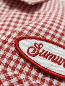 SUMWON Crop Fit Checkered Button Up Shirt Front Pockets Short Sleeve Red White Gingham Pattern Casual Summer Top - Red - View 4