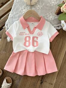 SHEIN Bộ 2 món/cho bé gái sơ sinh 0-3 tuổi, phong cách thường ngày, năng động, kiểu sinh viên, gồm áo thun cổ chữ V tay ngắn và chân váy xếp ly. - Màu Hồng baby - Xem 6