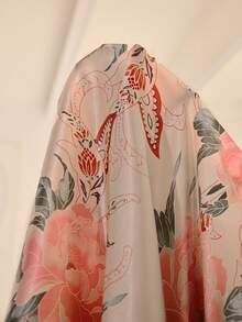 MuseNap CURVE Floral Print Faux Silk Patchwork Lace Trim Blouse And Pants Elegant Pajama Set - Multicolor - View 7