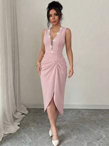 Elenzga Đầm ôm sát không tay cổ chữ V đính cườm thanh lịch lãng mạn dành cho nữ - Bụi hồng - Xem 4