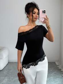 SHEIN Elenzya Áo thun nữ dáng ôm, phối ren, vai lệch, kiểu dáng thường ngày. - màu đen - Xem 7