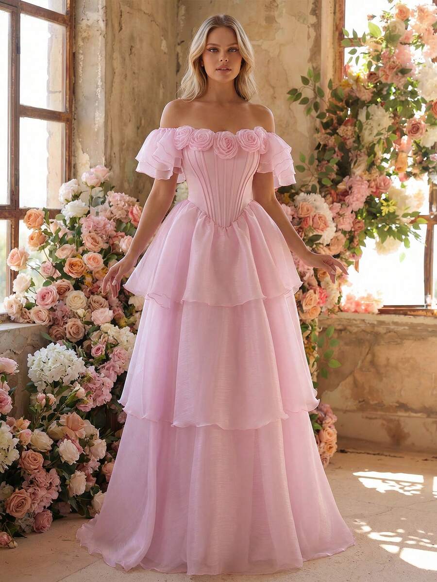 Glamrae Đầm dạ hội sang trọng, thanh lịch màu hồng phối satin và organza, thêu hoa 3D thủ công, tay trễ vai, dáng rộng với vạt dài, thích hợp cho nữ.
