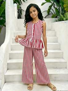 SHEIN Tween Girl Striped Ruffle Hem Sleeveless Top And Pants 2 Pieces Set - Multicolor - View 6