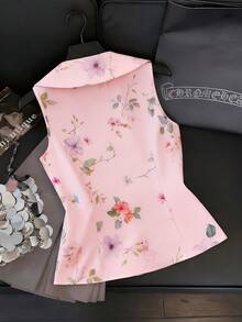 Áo sơ mi nữ mùa hè in hoa không tay cài cúc - Màu Hồng baby - Xem 2