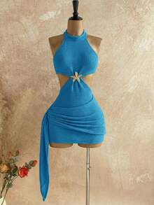 Soleia New Vacation Halter Waist Hollow Out Fitted Mini Dress, Bohemian, Boho, Vacation, Fall Women Clothes, Vintage, Holiday,Summer Dresses For Women - Navy Blue - View 6