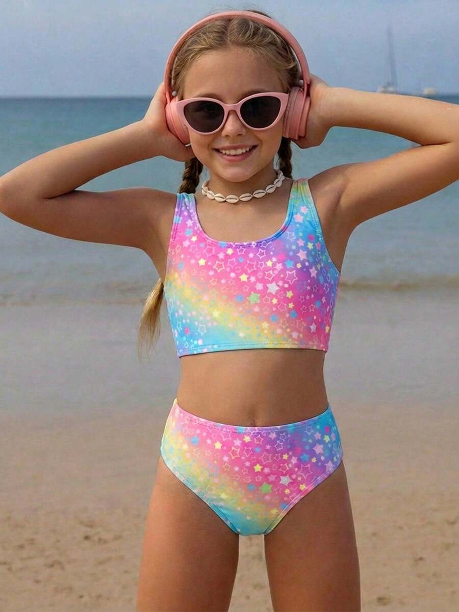 Tween Girls Casual Minimalist Camisole & Triangle Bikini Set, Suitable For Summer - Multicolor - View 1