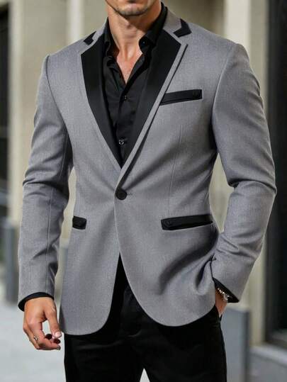 Manfinity Mode Men's Elegant Single-Breasted Suit Jacket, Burgundy Patchwork With Black Design, Forming A Striking Contrast, Adding Visual Impact And Layered Styling, Suitable For Daily Commute, Business, Party And Banquet Wear. This Suit Jacket Is An Indispensable Versatile Item In A Man's Wardrobe, Making It A Great Gift For Boyfriends Or Husbands